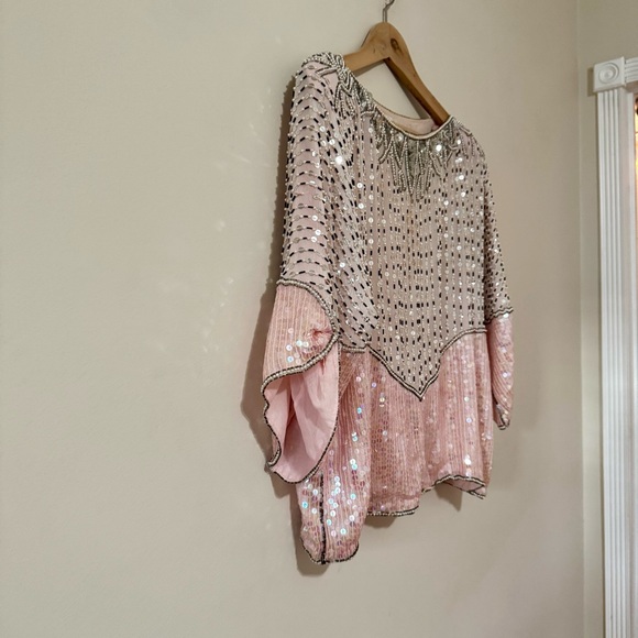 Vintage 90s Neiman Marcus Pink and Silver Sequin Silk Blouse Top Shirt Medium - Picture 4 of 8